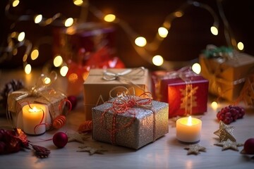 Small gifts and decorations on the background of Christmas lights.AI technology generated image