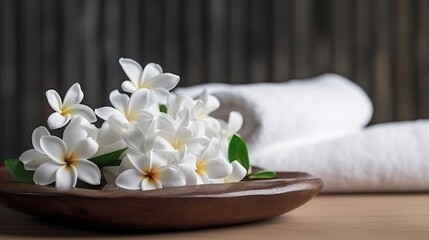 Obraz na płótnie Canvas spa composition on massage with Soft White Towels flowers Relaxation ,digital ai art