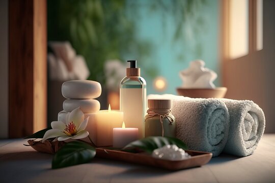 Beauty and health centers are equipped with spa accessories.AI technology generated image