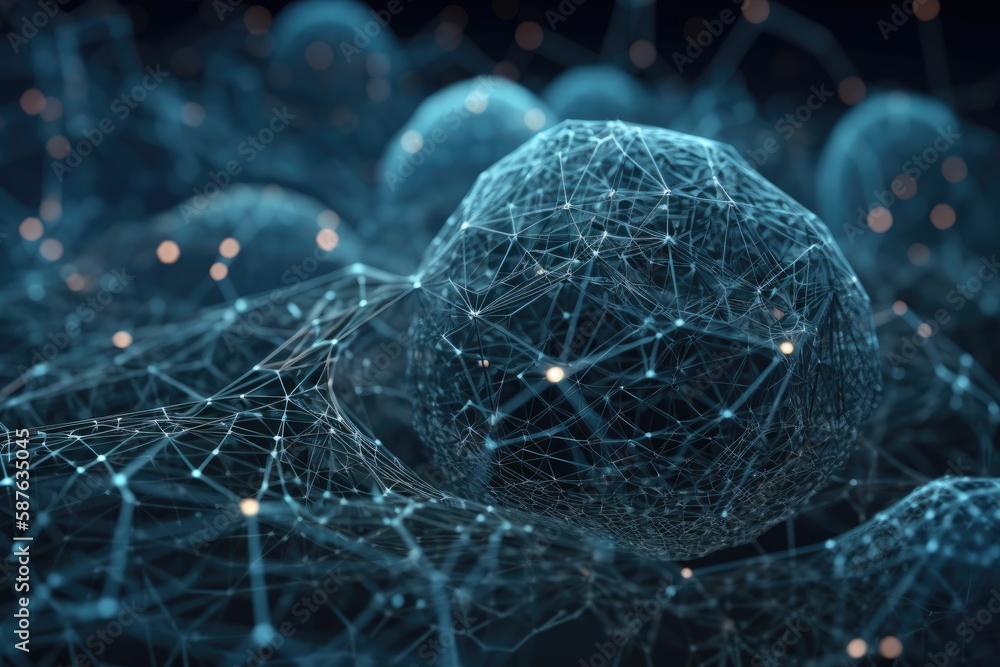 Poster 3d sphere made up of interconnected lines and dots. generative ai