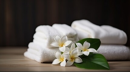 Fototapeta na wymiar spa composition on massage with Soft White Towels flowers Relaxation ,digital ai art