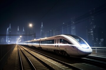 Fototapeta premium High speed rail shuttles on urban railways at night.AI technology generated image
