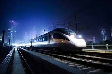 High speed rail shuttles on urban railways at night.AI technology generated image