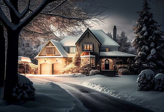 Driveway view of snowy home - daylight and night fades over a snow-covered suburban home. Generative AI