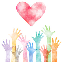 水彩風カラフルな多数の手とハート