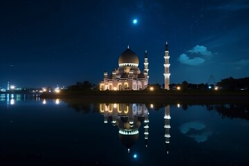 Fototapeta na wymiar The concept of Ramadan, a reflection of a mosque by the lake at night.AI technology generated image