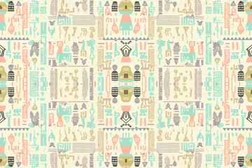 Fototapeta premium Ethnic ikat egyptian hieroglyphs pattern pastel color. Abstract traditional folk antique tribal graphic line ornate elegant luxury vintage retro. Texture textile fabric ethnic egyptian patterns vector