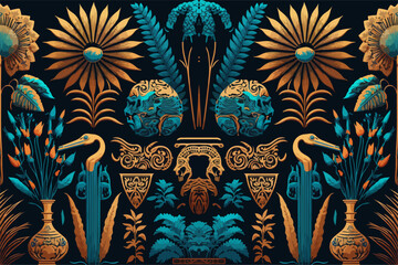 Floral egyptian hieroglyphs pattern. Abstract traditional folk antique tribal ethnic graphic line. Texture textile fabric egyptian patterns vector. Ornate elegant luxury vintage retro style.