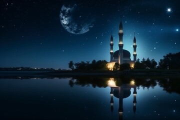 The concept of Ramadan, a reflection of a mosque by the lake at night.AI technology generated image