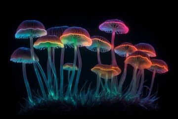 Glowing colorful transparent mushrooms on black background. Generative AI