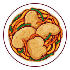 Chinese chow mein noodles recipe illustration vector.  Taiwanese fried rice noodles food icon top view. Asian chow mein noodles with chicken top view cartoon.  Chinese dry noodles (Re Gan Mian) food.