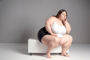 Tolerance to plus sized people. Overweight caucasian young woman poses in underwear sitting on cube in studio. Copy space. Generative Ai. Concept of body positive, diet and fatness - obrazy, fototapety, plakaty