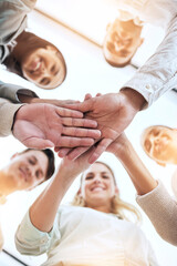 Business people, hands stack and circle with smile, team building and support for goals in workplace. Men, women and teamwork with solidarity for happiness, motivation and trust with diversity at job