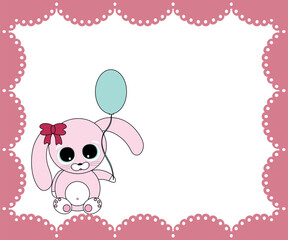 Pink background,a postcard with a toy hare, a rabbit for a girl's birthday