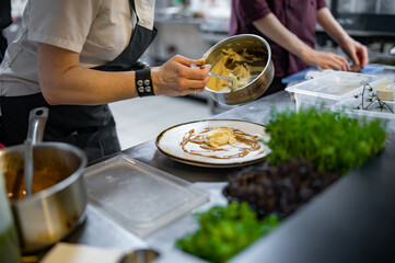 Chef cooking Roasted Duck breast fillets with mashed potato on restaurant kitchen