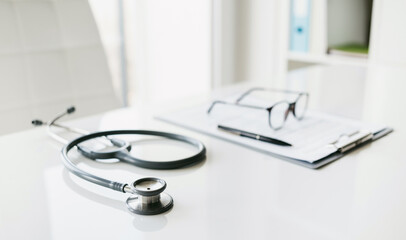 Doctor office desk, work place of physician, therapist, practitioner, health worker or medical...