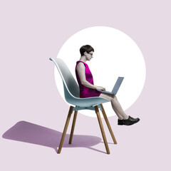 Remote work on a laptop, art collage.