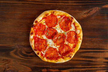 pizza with chorizo, top view