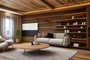 A luxurious living room inside a hotel with premium sofas and a bookshelf against a light brown colored wall, Generative AI