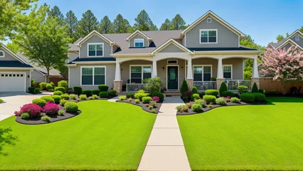 Fototapeten suburban house in spring, wide shots of home gardens, lawns, yards, decks, and spaces for outdoor entertaining, hedges, trees. architect idea, concept, Generative AI © aiximagination