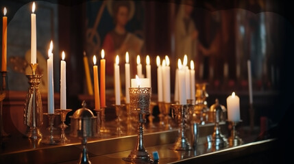 Candles in the Orthodox Church, lit candles in a candlestick. Generative AI