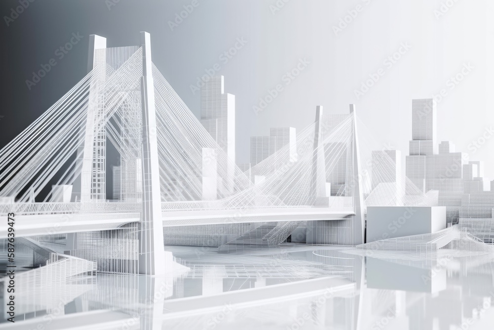 Poster miniature cityscape with a bridge and towering buildings. Generative AI