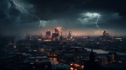 Naklejka na ściany i meble An encroaching thunderstorm moves into London city. Generative AI.