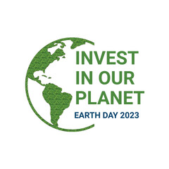 Invest in our planet. Earth day 2023 vector illustration concept background. Ecology concept. Design with globe map drawing and green grass isolated on white background.