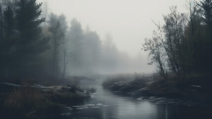 Fog and mist with mountains and a river. Generative AI.