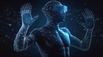 A man using a VR device for an immersive virtual experience in a metaverse.