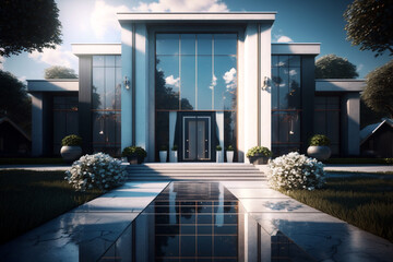 Modern house featuring intricate architecture, boasting a stunning entrance flanked by symmetrical facades. Generative ai illustration