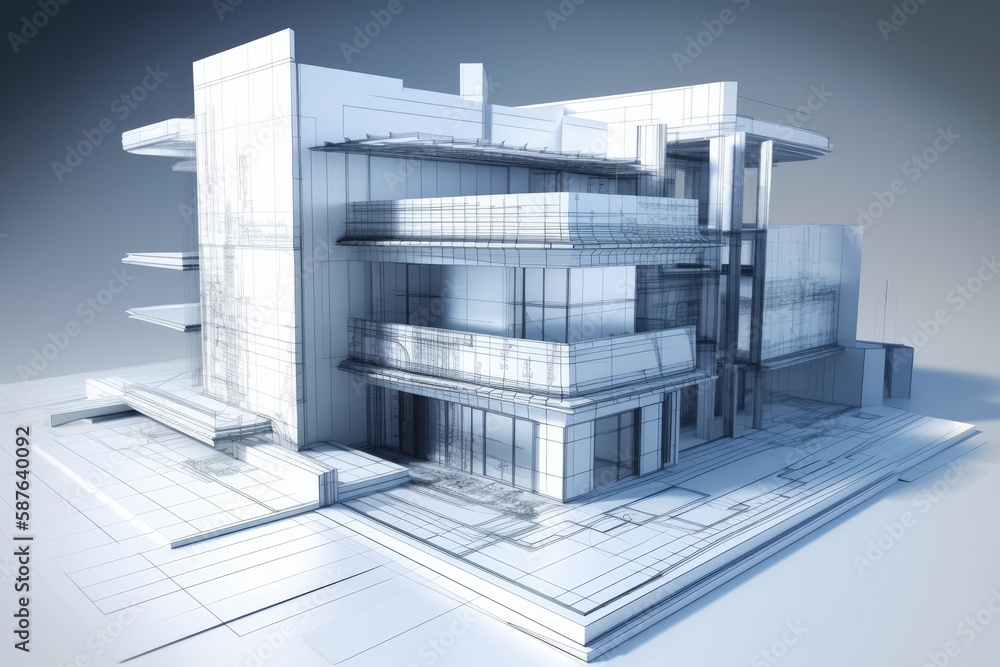 Poster modern building with a facade featuring numerous windows. generative ai