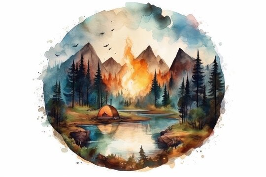 cozy campfire surrounded by trees in a forest. Generative AI