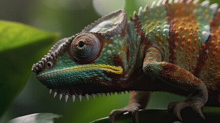 Green chameleon close-up on a blurred green background, high resolution, nature, ecology, 3d rendering, environment, highly detailed, rich colors, camouflage, disguise, amazing nature. Generative AI