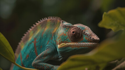 Obraz premium Green chameleon close-up on a blurred green background, high resolution, nature, ecology, 3d rendering, environment, highly detailed, rich colors, camouflage, disguise, amazing nature. Generative AI