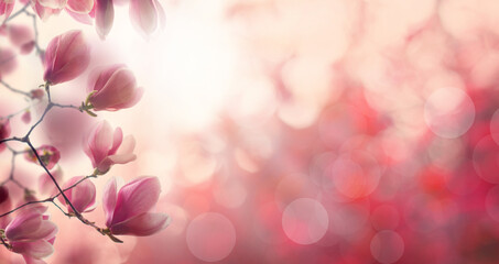 Floral spring background with Magnolia flower. Pink composition border with white sunlight bokeh...
