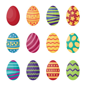 easter eggs, set of isolated objects. festive painted eggs with colored patterns. vector flat simple cartoon holiday illustration