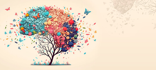 Obrazy na Plexi  Human brain tree with flowers. Self care and mental health concept. Creative mind. Generative AI.