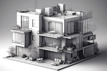 Illustration of an architectural model of a house with multiple balconies and terraces. Generative AI