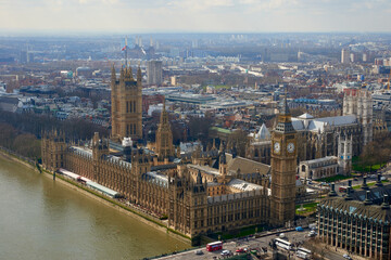 London UK aerial view Palace of Westminster Westminster Abbey Westminster Bridge Thames Big Ben - obrazy, fototapety, plakaty