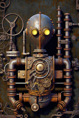 Fototapeta na wymiar Industrial steampunk background with an old rusty robot 