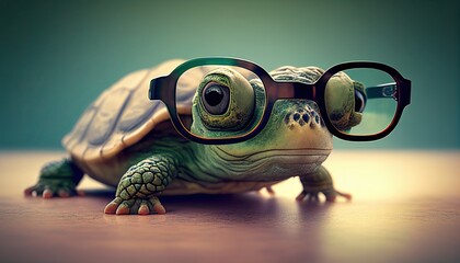 Little Cute Green Turtle in Glasses. Generative AI