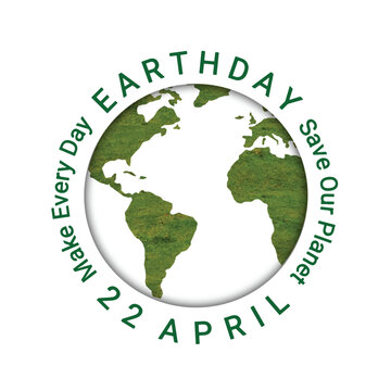 Earth day concept with green grass world map on white background. 22 April. Make every day. Save our planet. Vector illustration