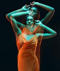 Green light, double exposure and dancing of woman with beauty and art aesthetic. Creative neon...