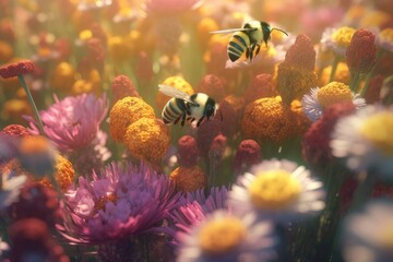 Obraz na płótnie Canvas Bees on spring flowers. Generate Ai