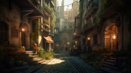Fototapeta na wymiar medieval alley, old town in detailed illustration, ai generative