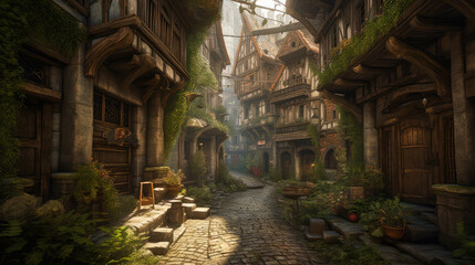Fototapeta na wymiar medieval alley, old town in detailed illustration, ai generative