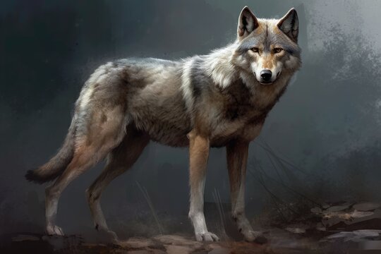majestic wolf standing on a rocky outcrop. Generative AI