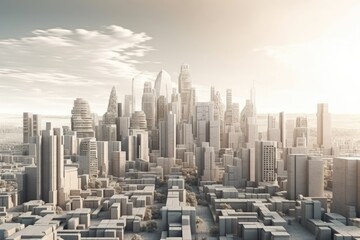 Fototapeta premium Illustration of an urban landscape with towering skyscrapers as viewed from above. Generative AI