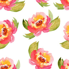 Watercolor Hand Drawn Peony and Leaves, Loose Floral Seamless Pattern